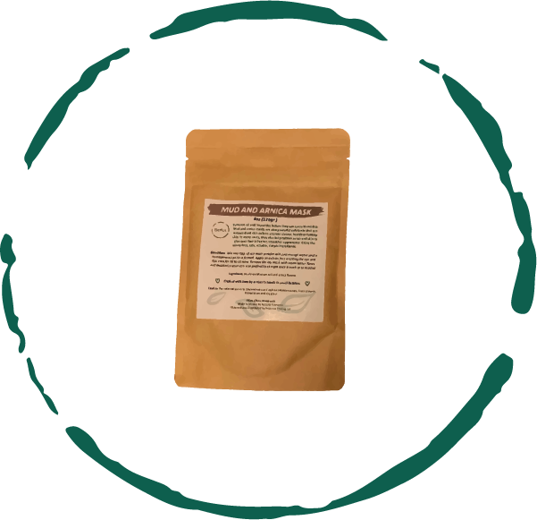 Mud and Arnica Mask in eco-friendly kraft packaging, showcasing its natural ingredients and handcrafted quality.