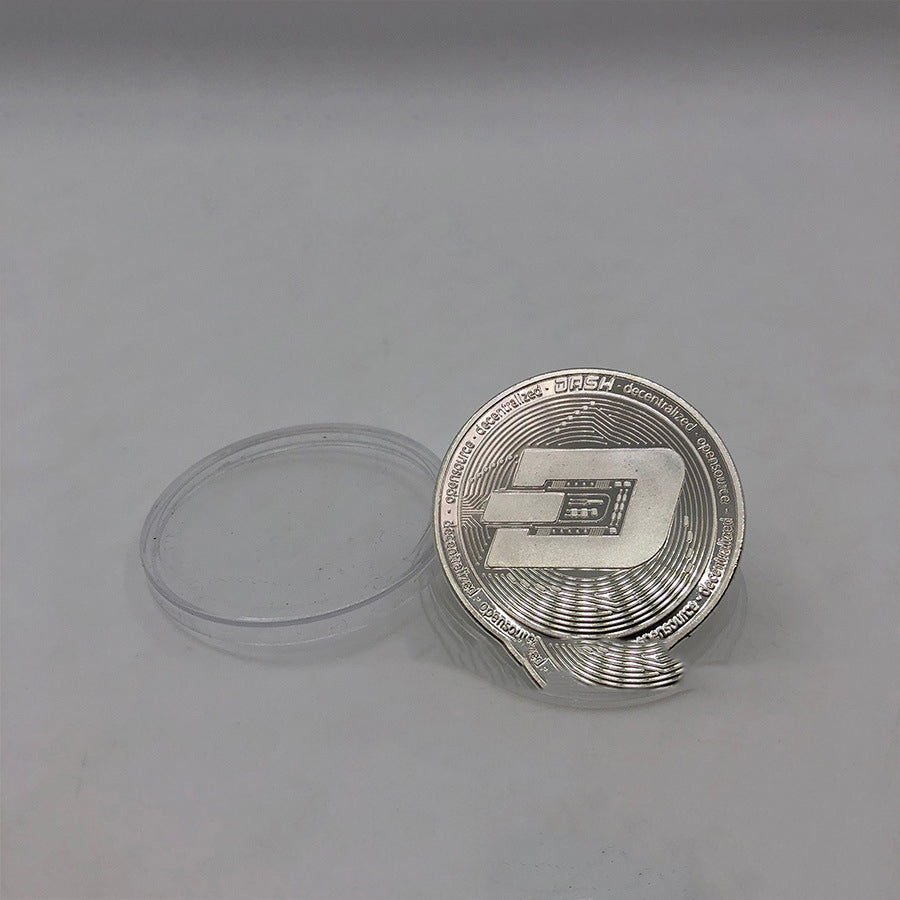 Multi Metal Commemorative Crypto Coin featuring Dogecoin design, gold and silver plating, and acrylic coin box packaging.