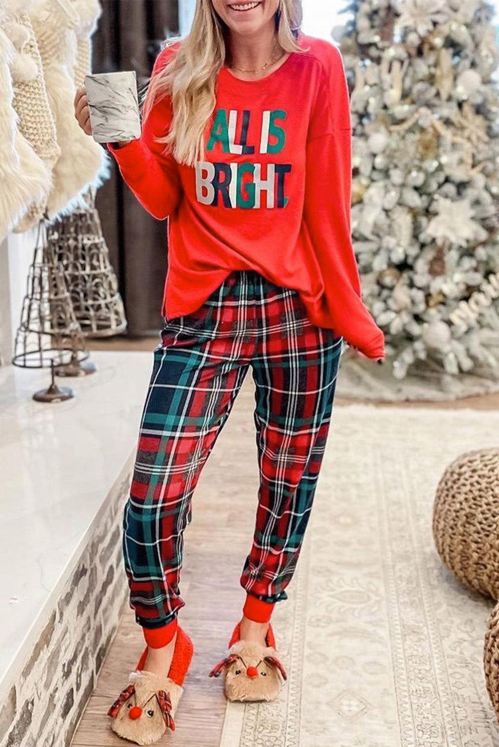 Multicolor ALL IS BRIGHT Graphic Christmas Plaid Pajamas Set featuring a red pullover with festive print and plaid jogger pants.