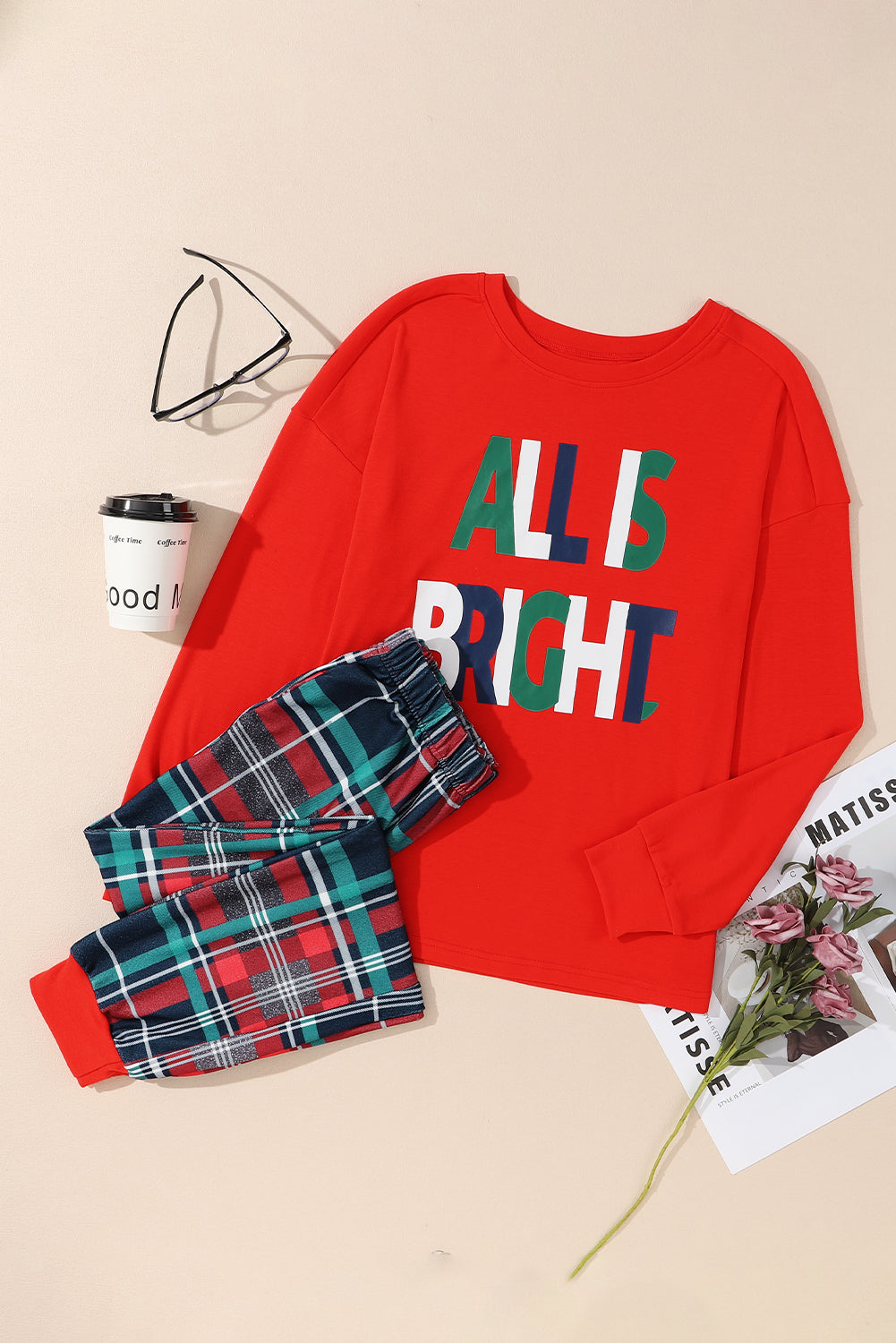 Multicolor ALL IS BRIGHT Graphic Christmas Plaid Pajamas Set featuring a red pullover with festive print and plaid jogger pants.