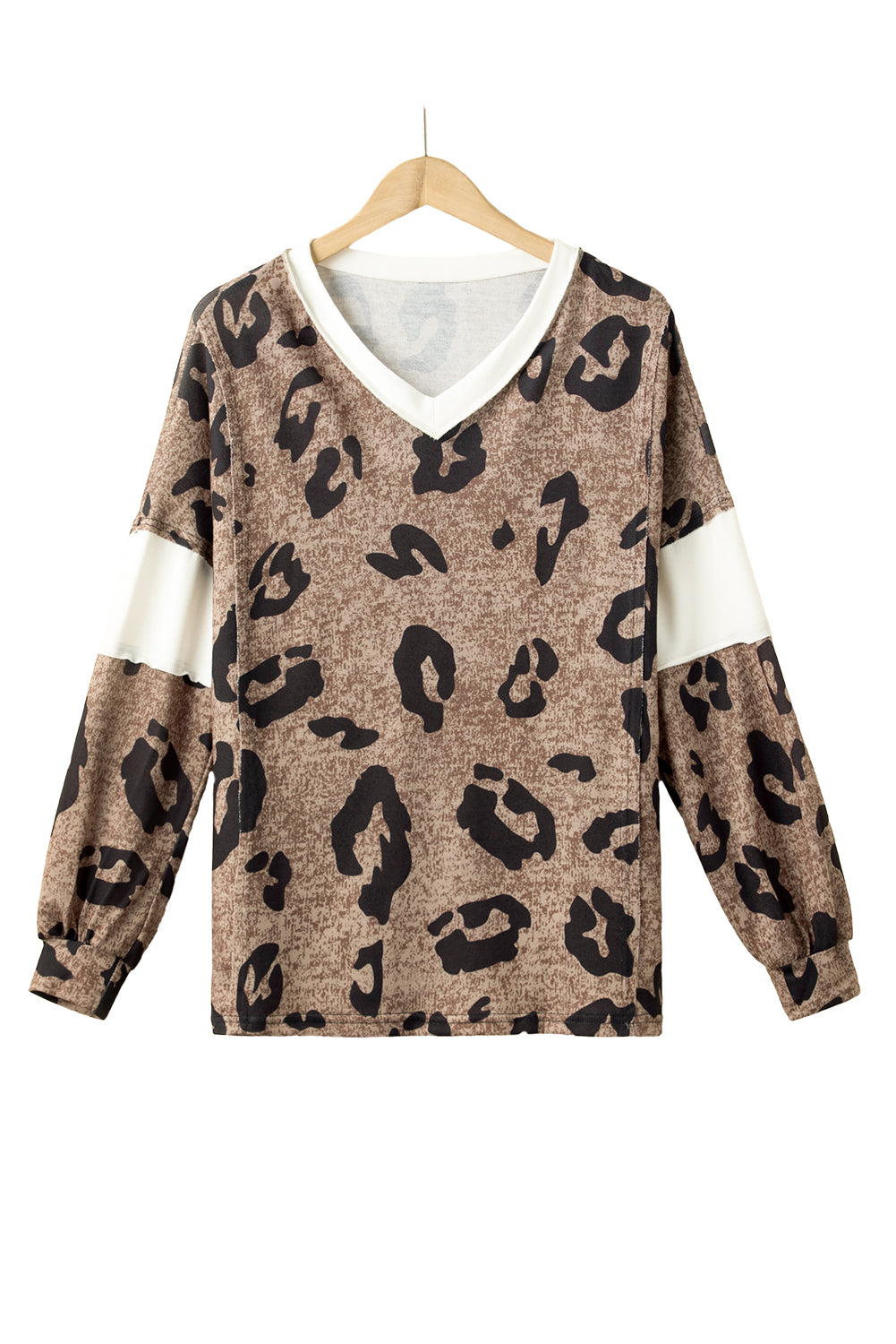 Multicolor Contrast V Neck Drop Shoulder Leopard Top featuring a trendy leopard print and stylish color block design.