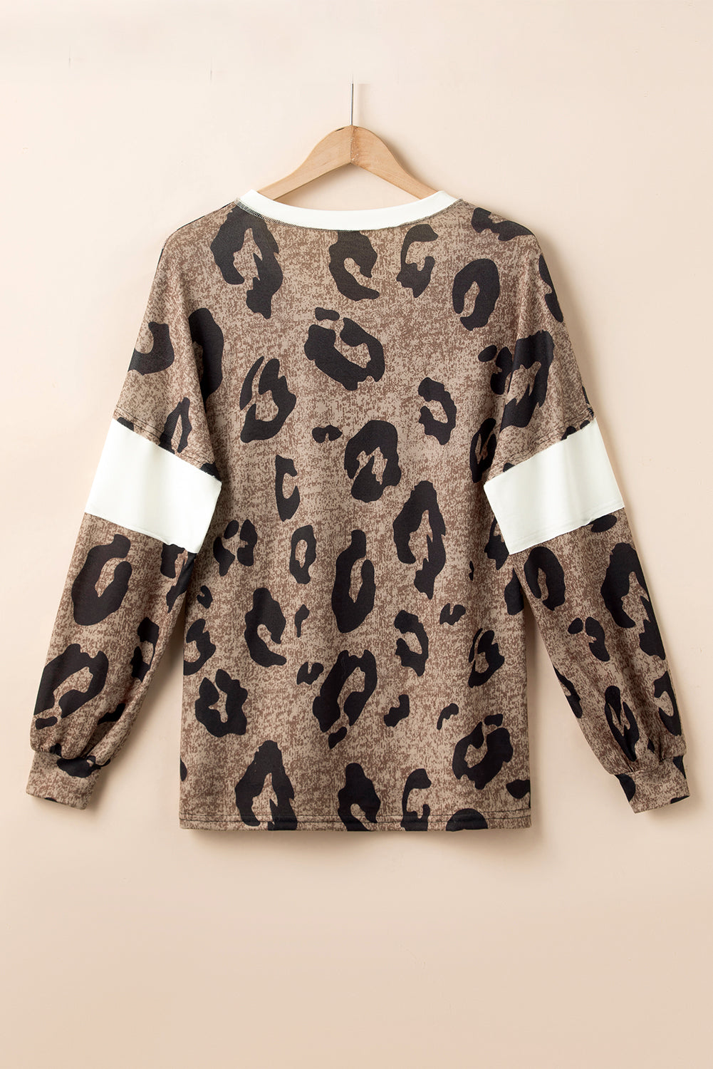 Multicolor Contrast V Neck Drop Shoulder Leopard Top featuring a trendy leopard print and stylish color block design.