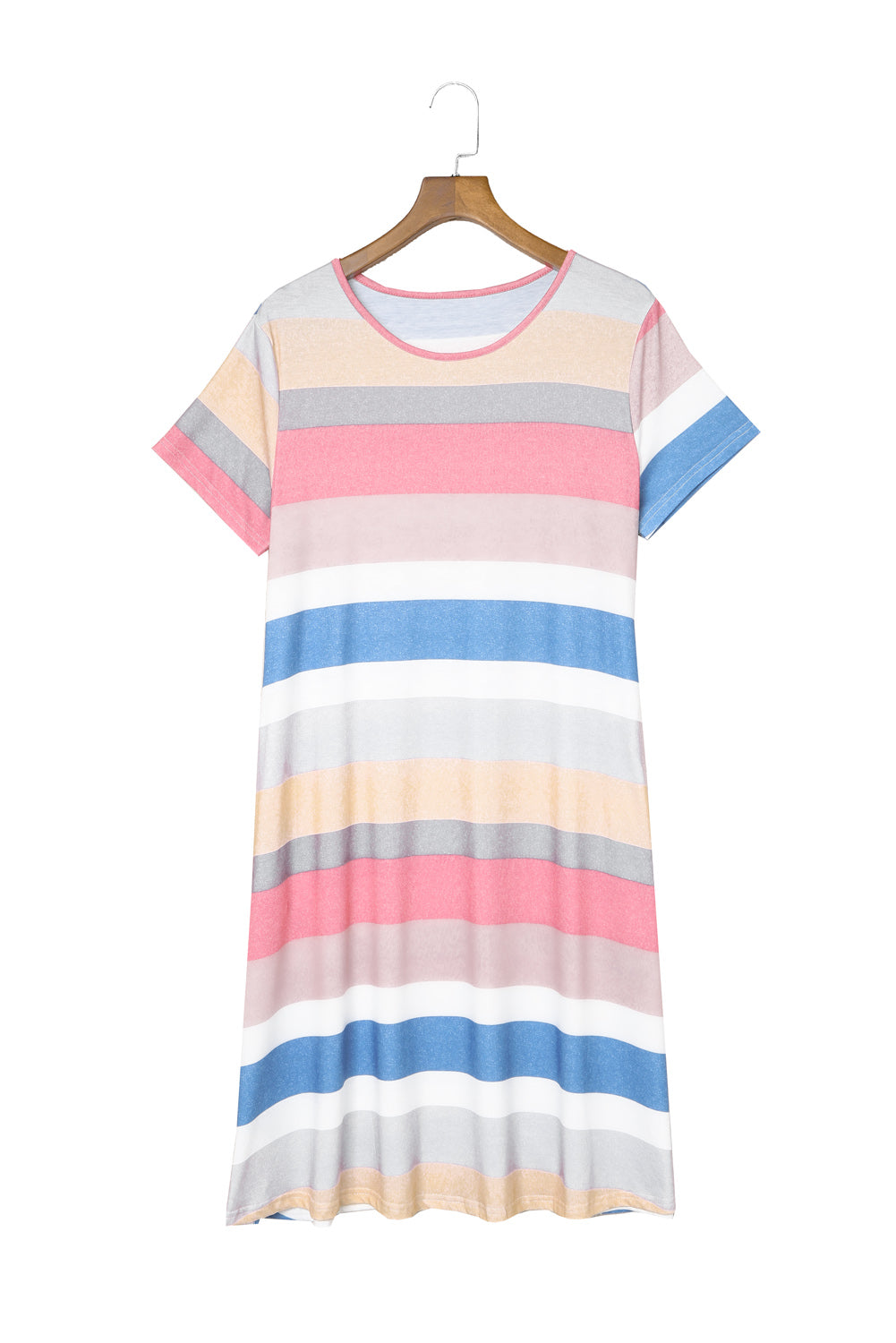 A stylish multicolor striped pocket t-shirt dress, featuring short sleeves and a relaxed fit, perfect for casual outings.