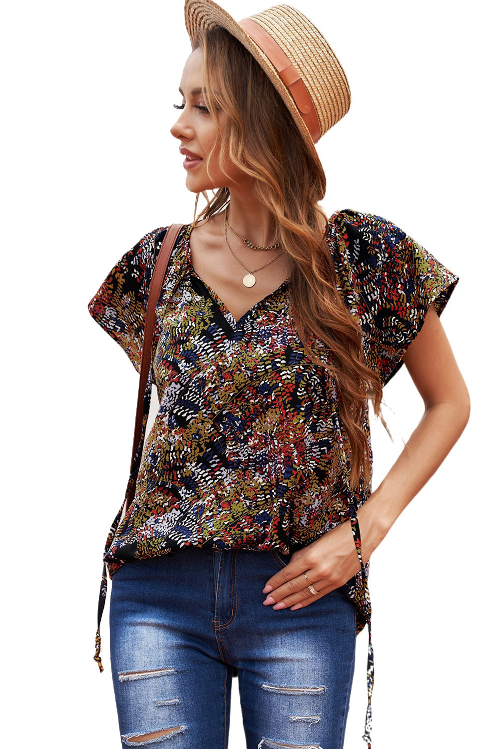 A vibrant multicolor V-neck blouse with short ruffled sleeves and a fluttering hem, showcasing an elegant fashion print.