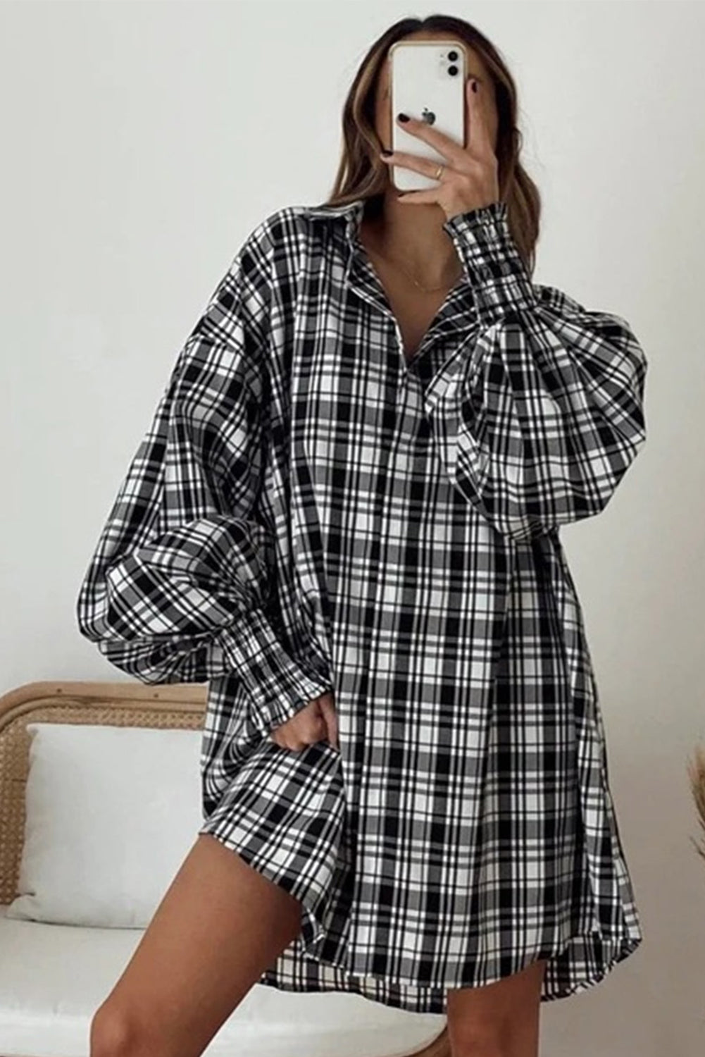 A stylish multicolour plaid oversized shirt featuring bishop sleeves, perfect for casual and chic outfits.