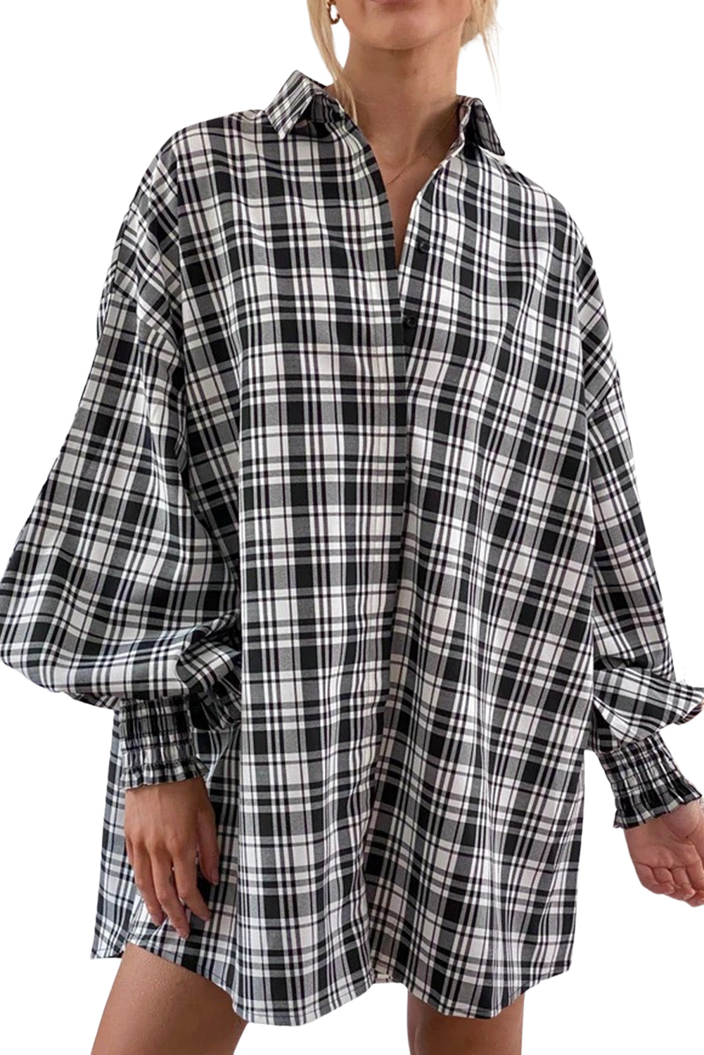 A stylish multicolour plaid oversized shirt featuring bishop sleeves, perfect for casual and chic outfits.