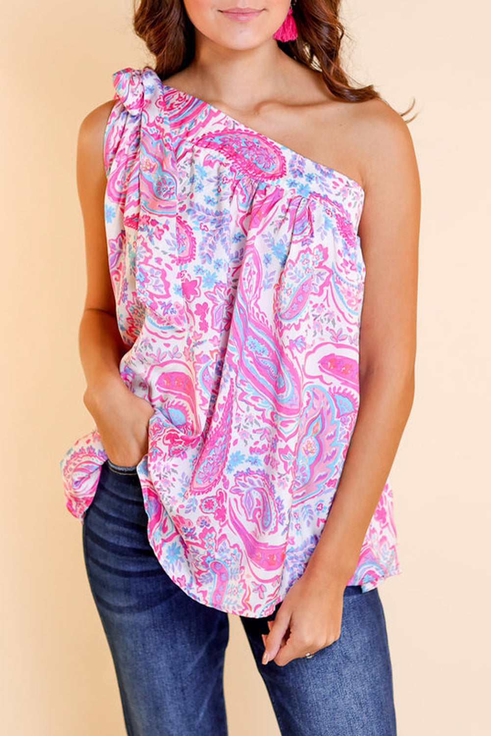 Multicolour Knotted One Shoulder Paisley Print Tank Top showcasing vibrant paisley patterns and stylish design.