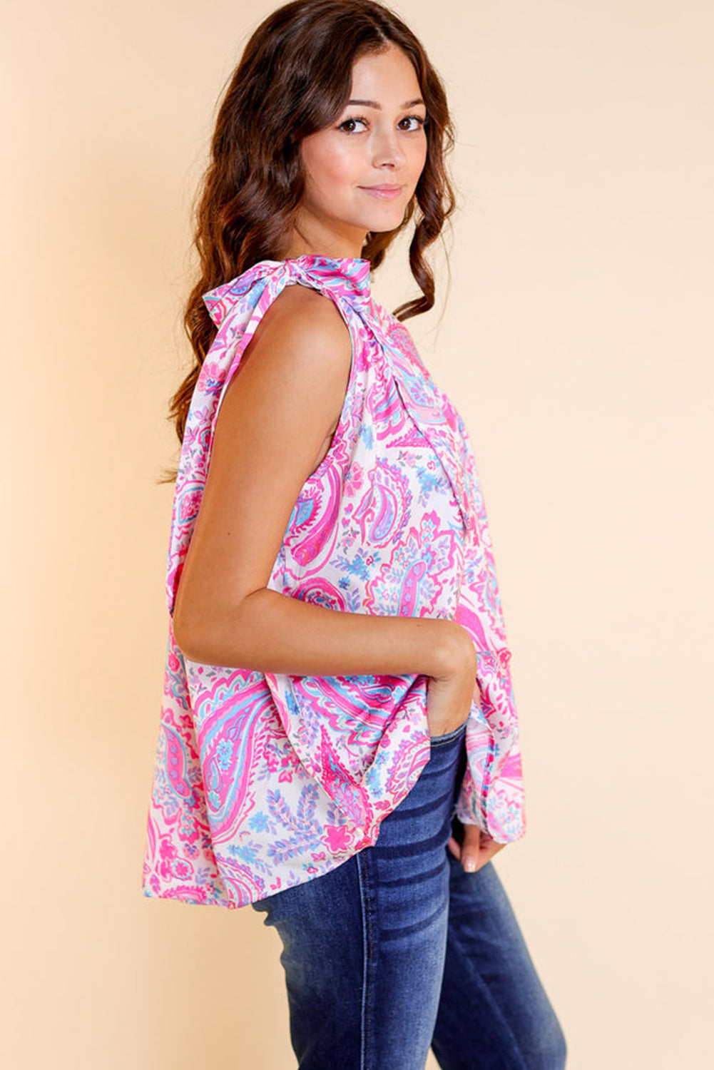 Multicolour Knotted One Shoulder Paisley Print Tank Top showcasing vibrant paisley patterns and stylish design.