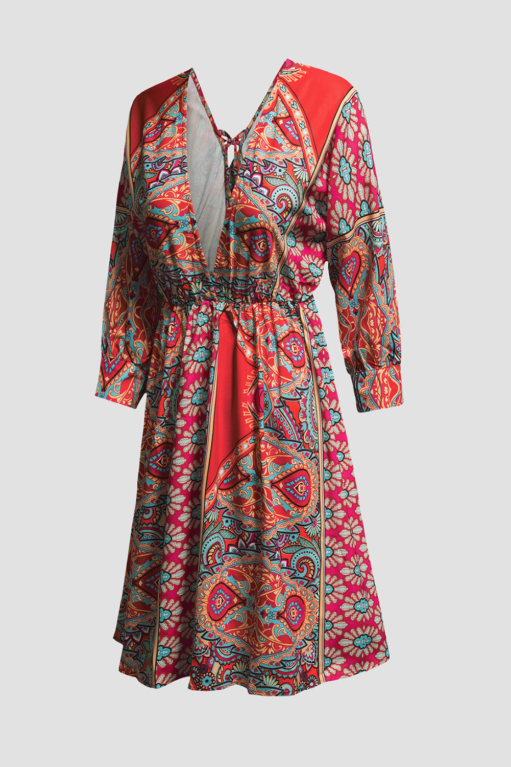 Multicolour V Neck 3/4 Sleeve Bohemian Vintage Print Mini Dress showcasing elegant open-back design and vibrant bohemian print.