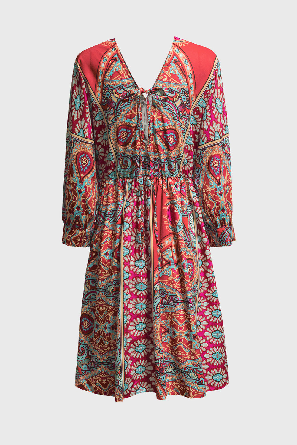Multicolour V Neck 3/4 Sleeve Bohemian Vintage Print Mini Dress showcasing elegant open-back design and vibrant bohemian print.