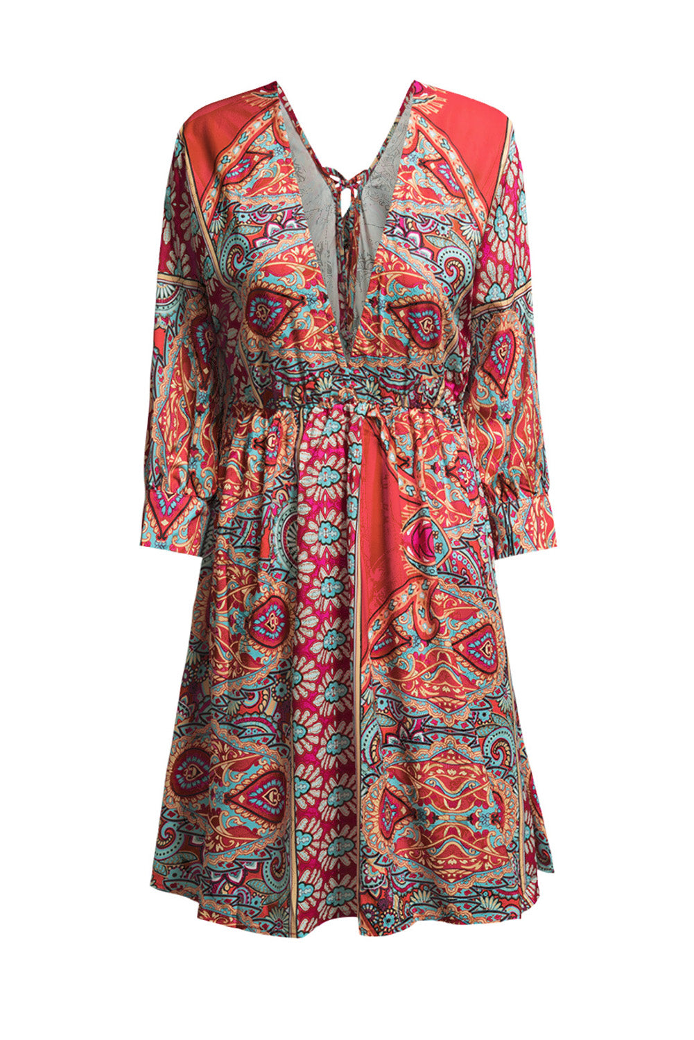 Multicolour V Neck 3/4 Sleeve Bohemian Vintage Print Mini Dress showcasing elegant open-back design and vibrant bohemian print.