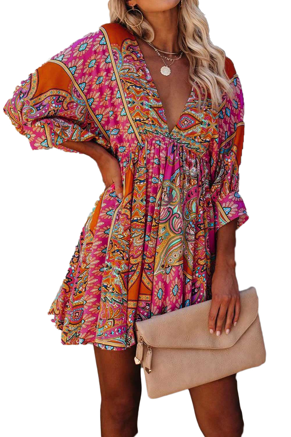 Multicolour V Neck 3/4 Sleeve Bohemian Vintage Print Mini Dress showcasing elegant open-back design and vibrant bohemian print.