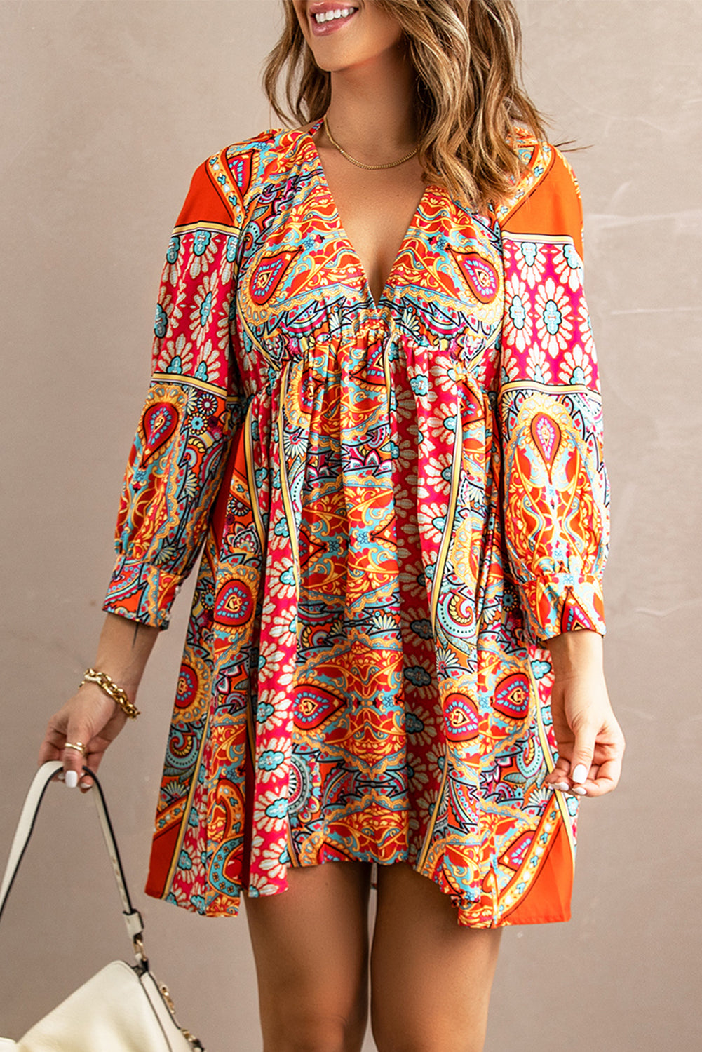 Multicolour V Neck 3/4 Sleeve Bohemian Vintage Print Mini Dress showcasing elegant open-back design and vibrant bohemian print.