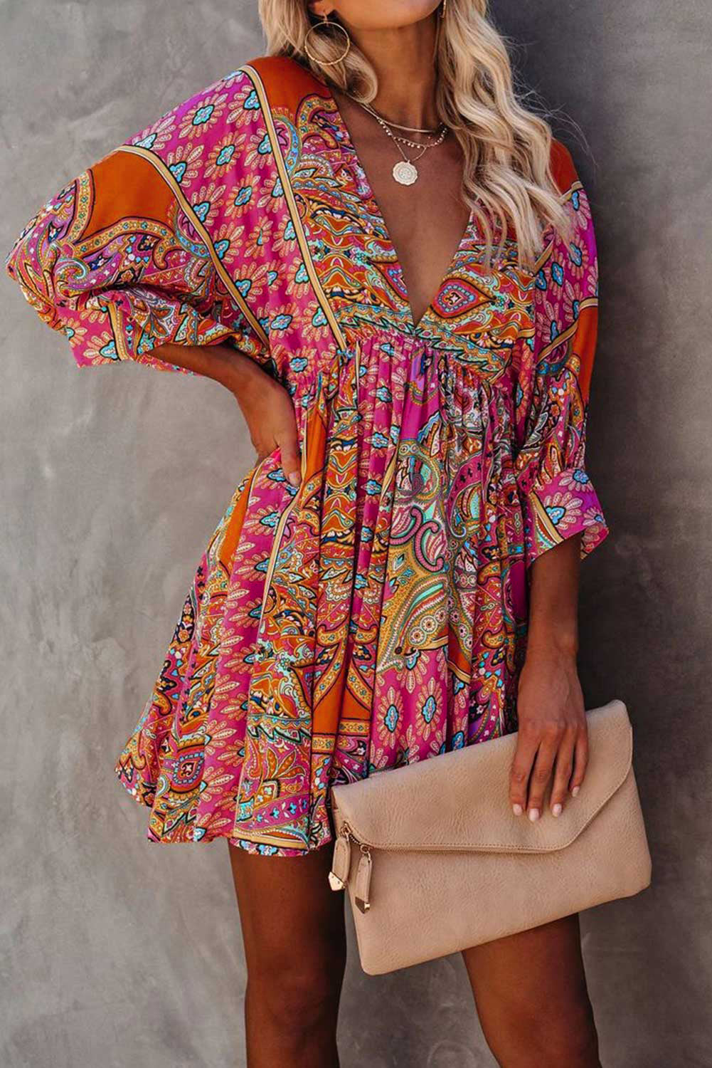 Multicolour V Neck 3/4 Sleeve Bohemian Vintage Print Mini Dress showcasing elegant open-back design and vibrant bohemian print.