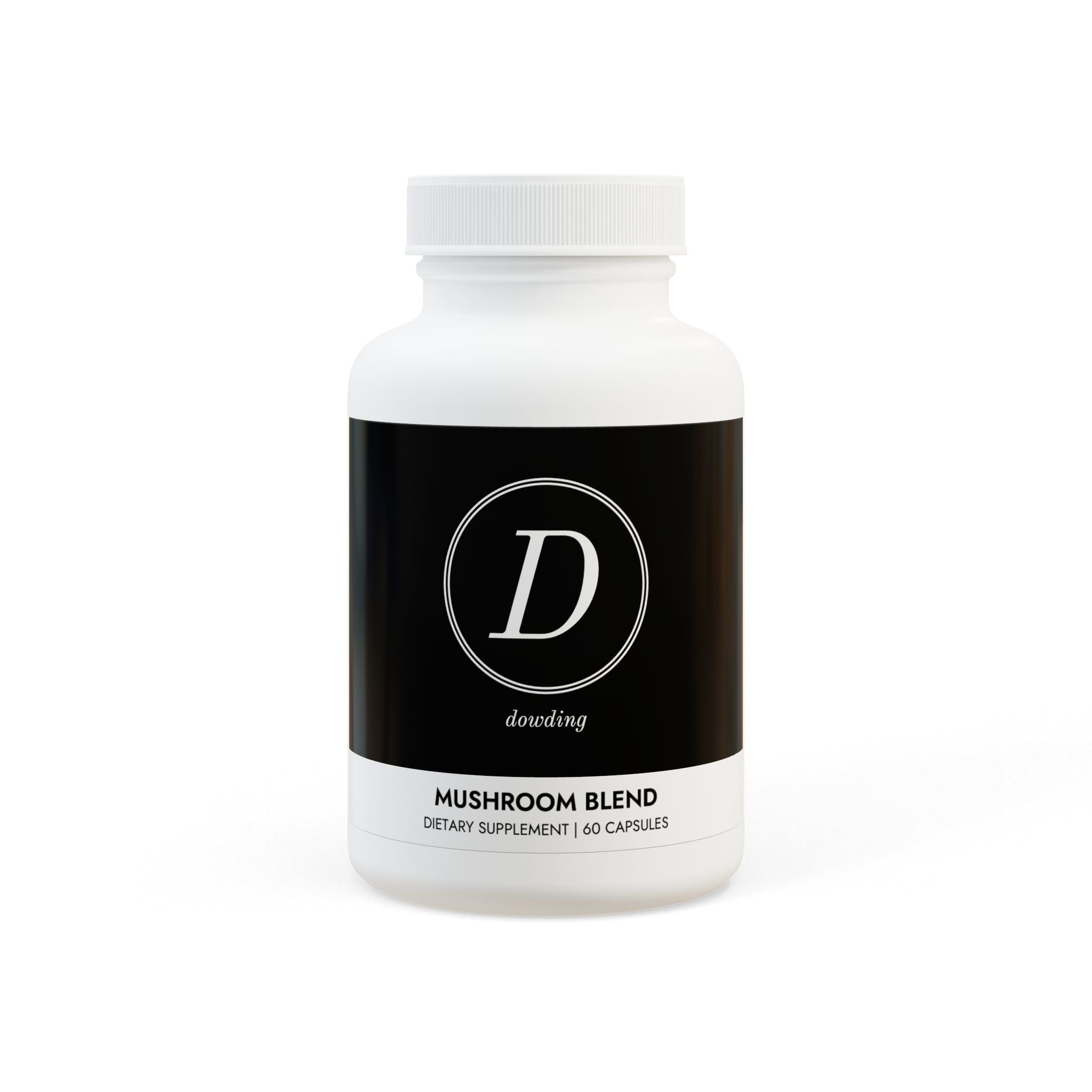 A bottle of Mushroom Blend Supplement containing 60 capsules, featuring Mycelium, Shiitake, and Lion's Mane mushrooms for brain health and energy support.