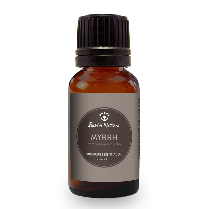 Bottle of 100% pure Myrrh Essential Oil with a dark amber color, showcasing its rich, earthy essence.