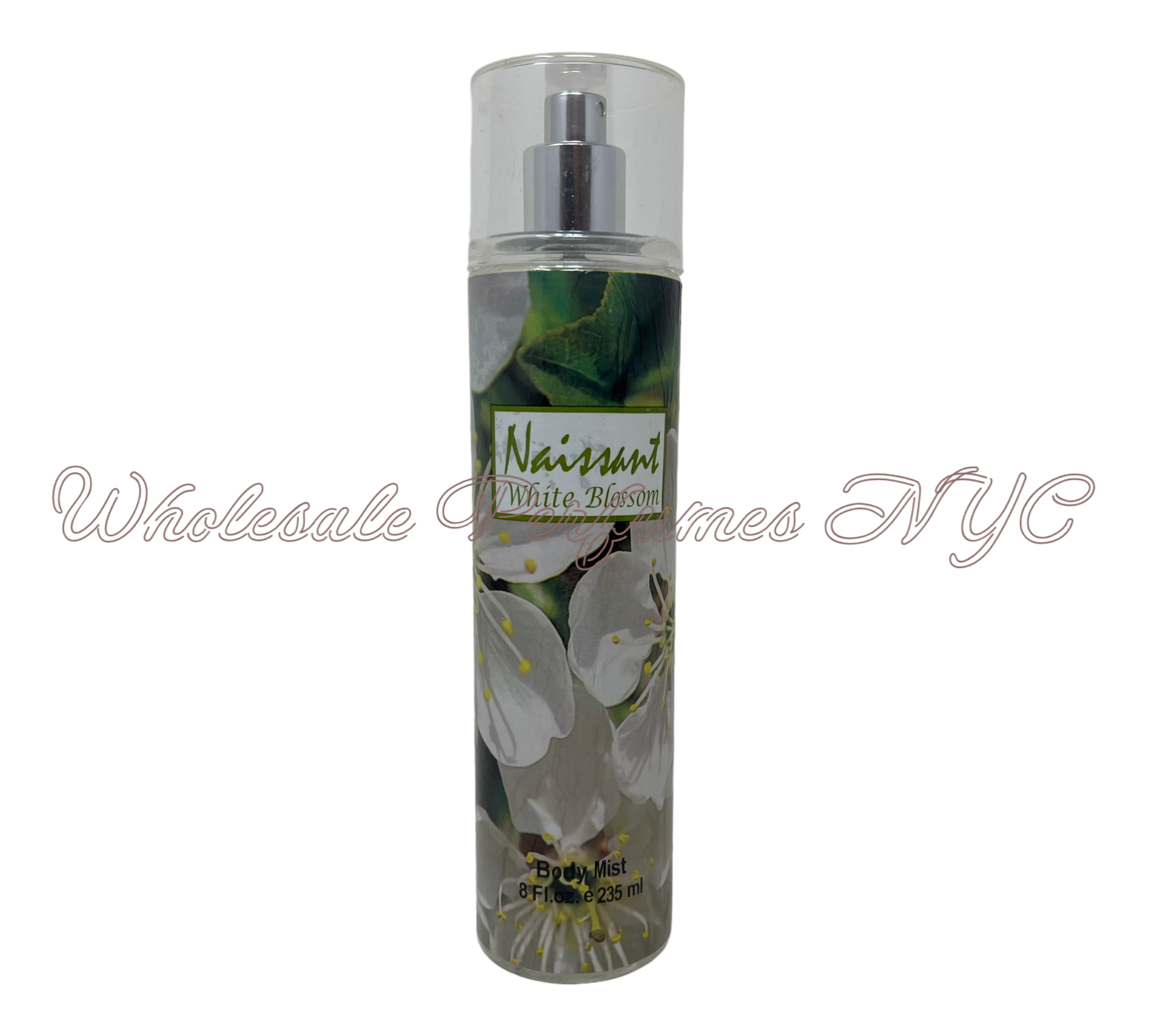 Naissant White Blossom Body Mist for Women in an elegant 8oz bottle, showcasing its floral design and refreshing essence.