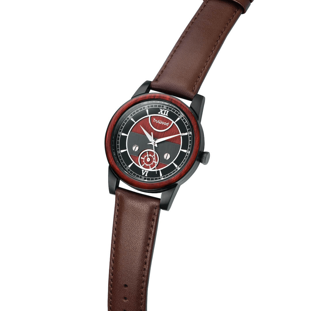 TruWood Napoleon watch featuring a leather strap and redwood bezel, crafted from reclaimed sandalwood.