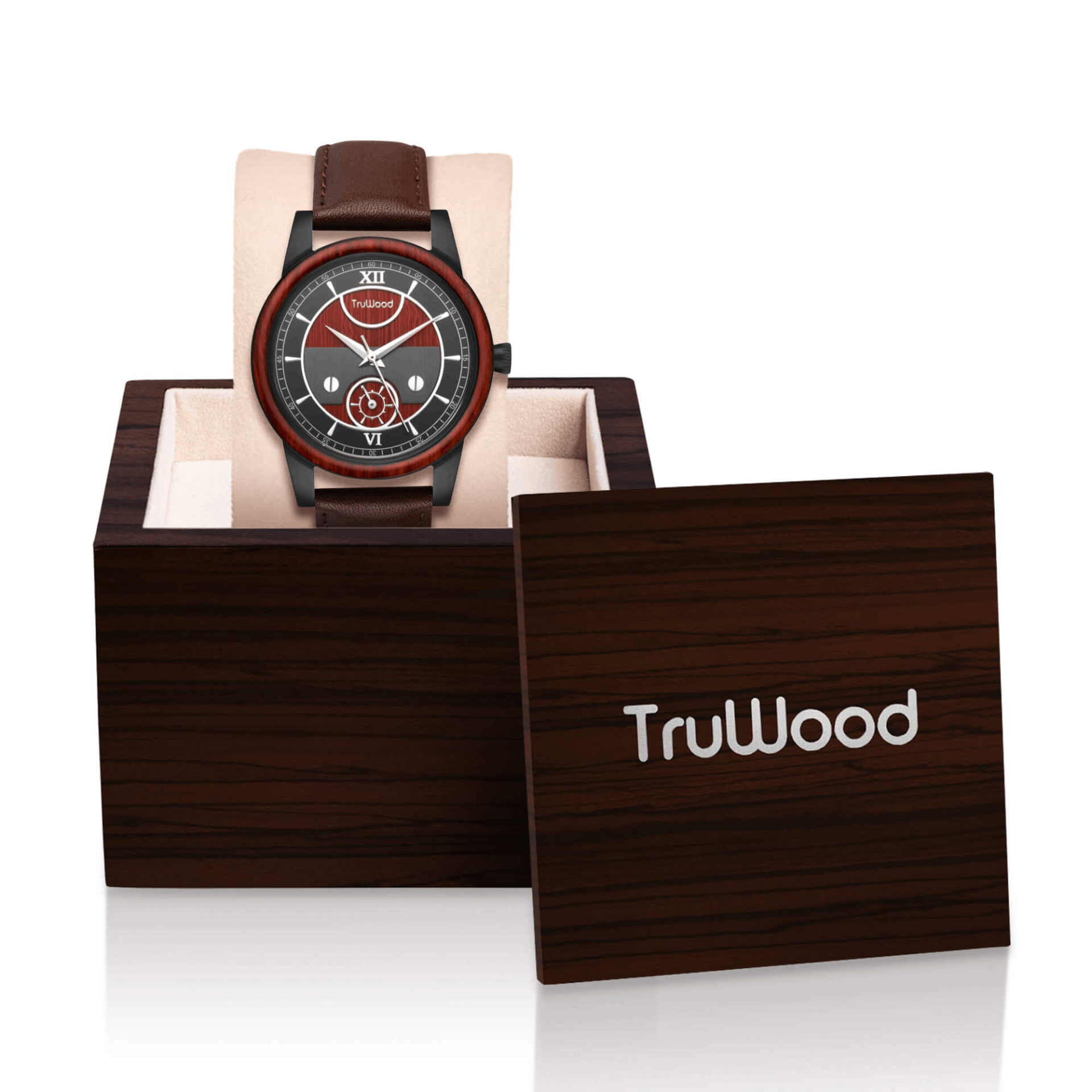 TruWood Napoleon watch featuring a leather strap and redwood bezel, crafted from reclaimed sandalwood.