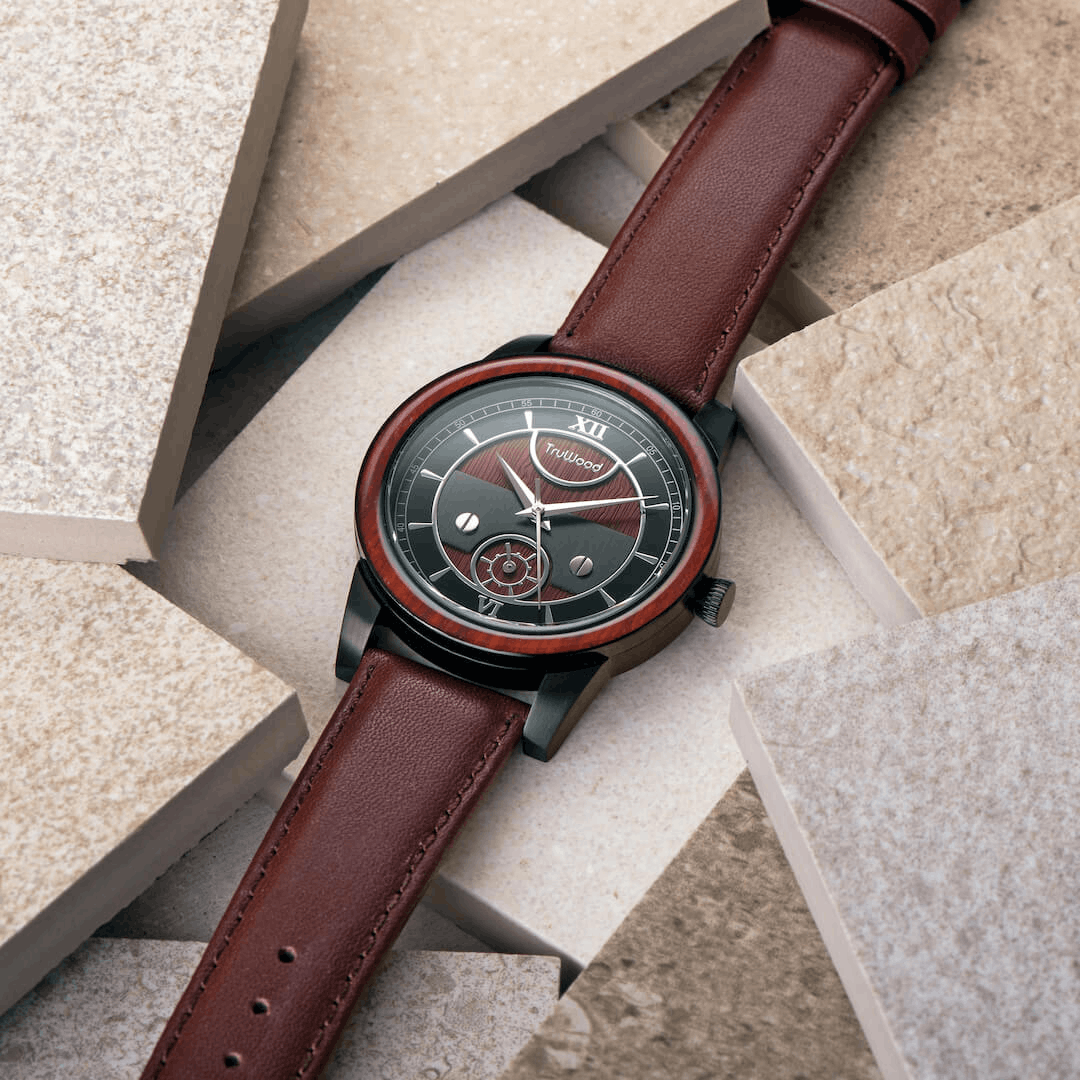 TruWood Napoleon watch featuring a leather strap and redwood bezel, crafted from reclaimed sandalwood.