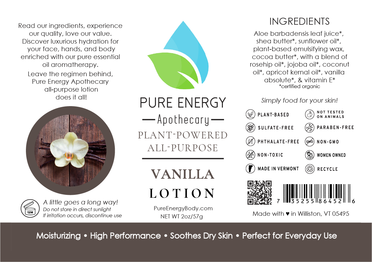 Natural All Purpose Lotion 2 oz in Vanilla, showcasing its creamy texture and elegant packaging, perfect for moisturizing skin.