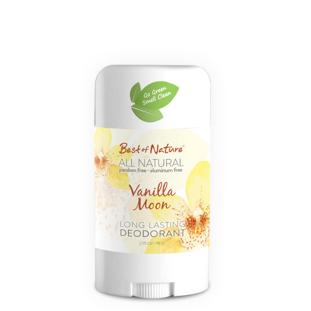 Vanilla Moon Natural Deodorant in a sleek container with a vanilla scent, showcasing its natural ingredients.