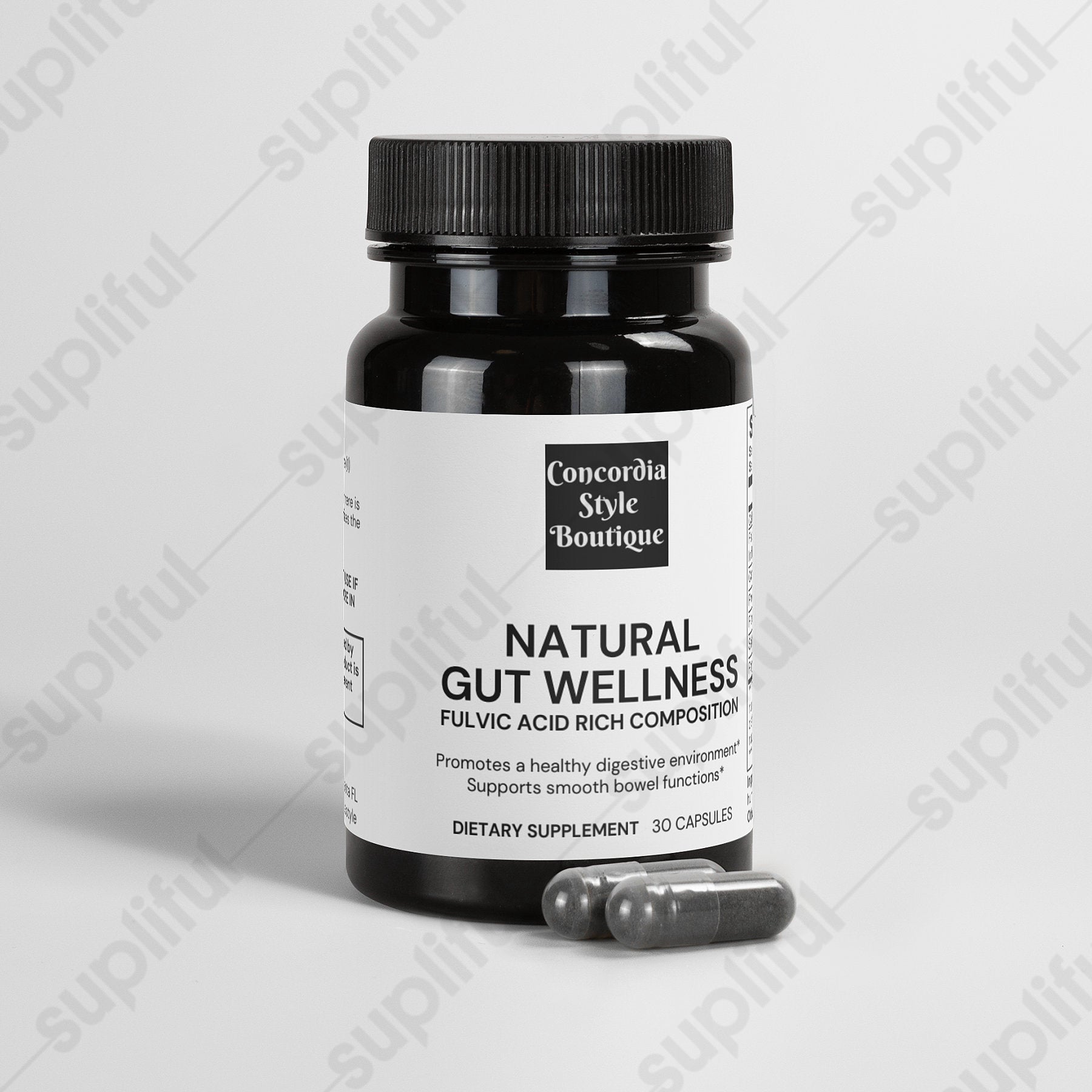Natural Gut Wellness Capsules featuring Birch Chaga and Pine Bark extract in a plant-based cellulose capsule, promoting digestive health.