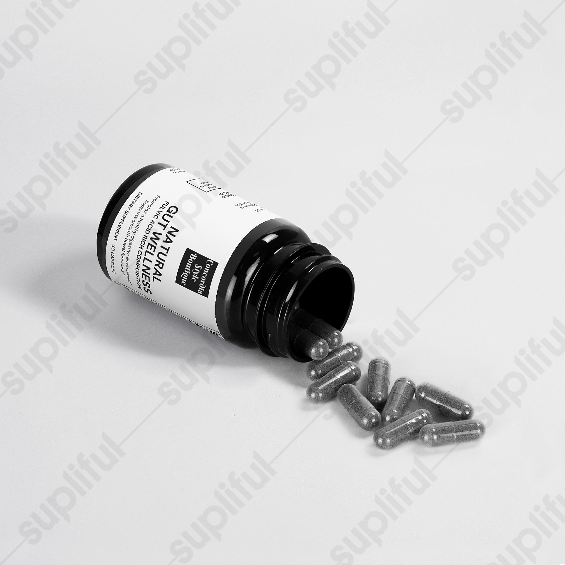 Natural Gut Wellness Capsules featuring Birch Chaga and Pine Bark extract in a plant-based cellulose capsule, promoting digestive health.