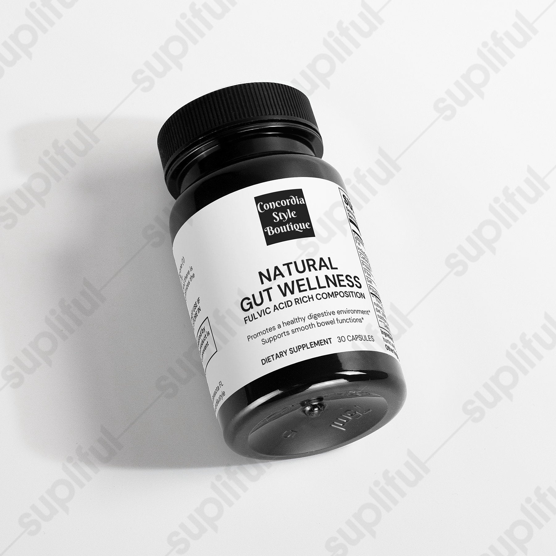 Natural Gut Wellness Capsules featuring Birch Chaga and Pine Bark extract in a plant-based cellulose capsule, promoting digestive health.