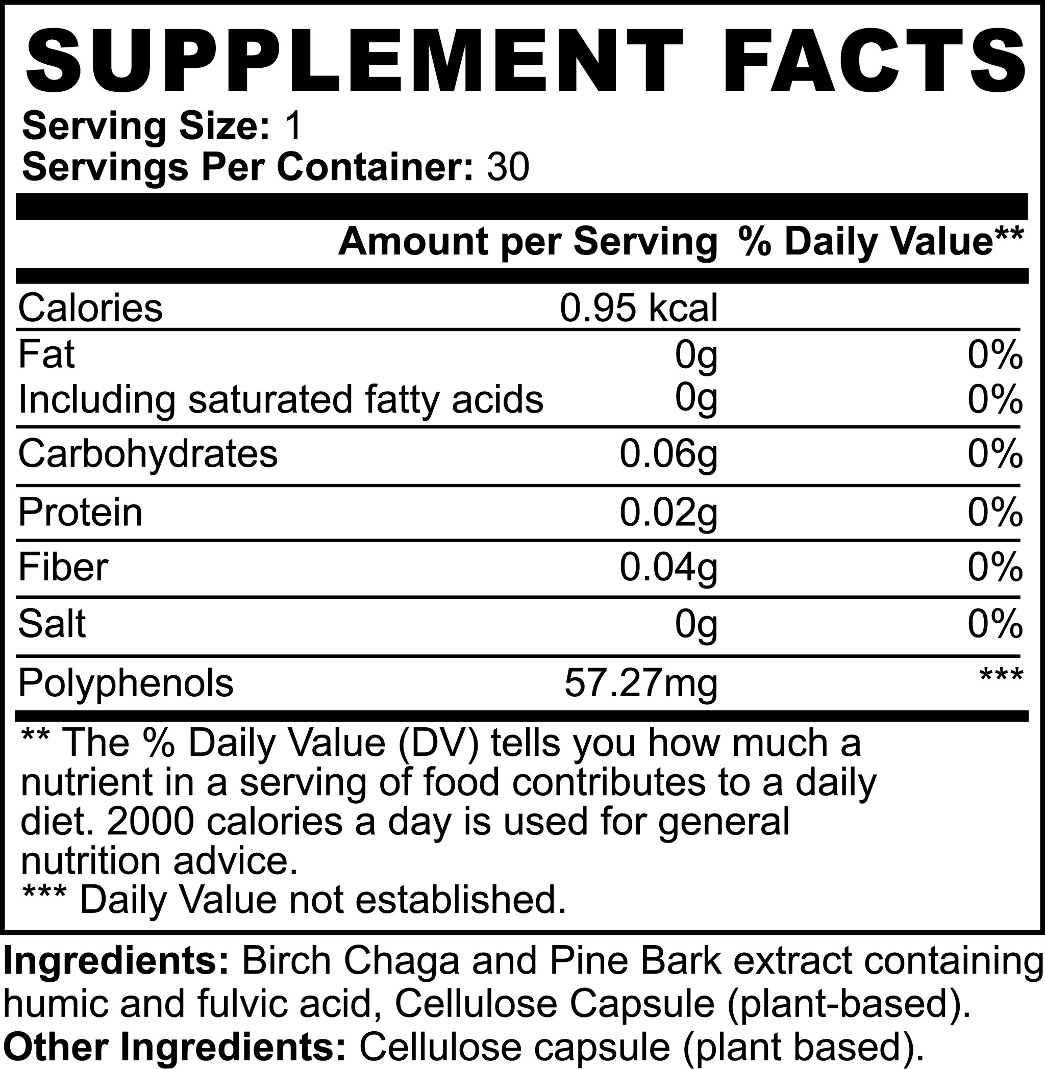 Natural Gut Wellness Capsules featuring Birch Chaga and Pine Bark extract in a plant-based cellulose capsule, promoting digestive health.