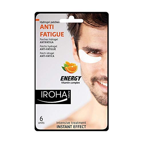 Iroha Nature Anti Fatigue Energy Hydrogel Eye Patches in packaging, showcasing six individual patches designed for under-eye rejuvenation.