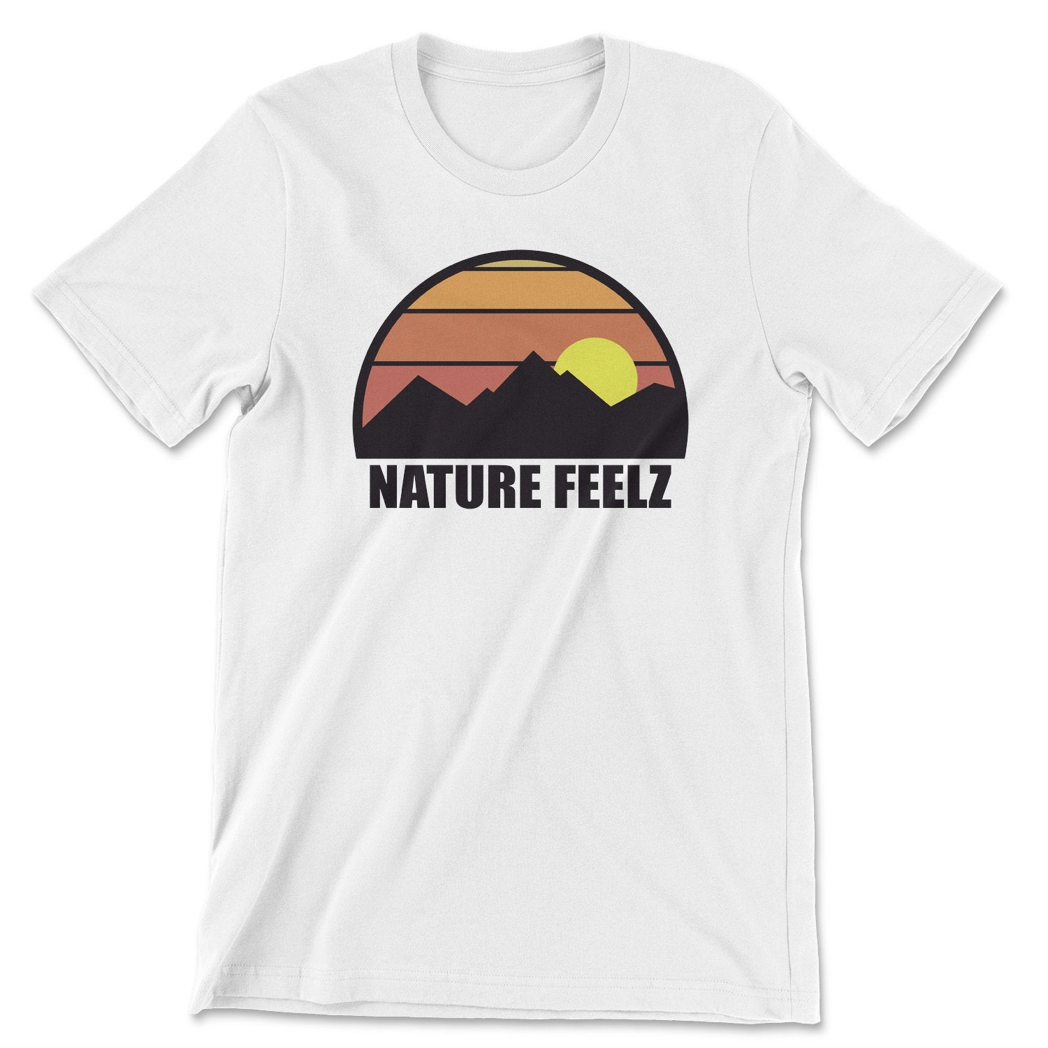 Nature Feelz Sunset Tee featuring a vibrant sunset design, unisex fit, and soft fabric, perfect for casual wear.