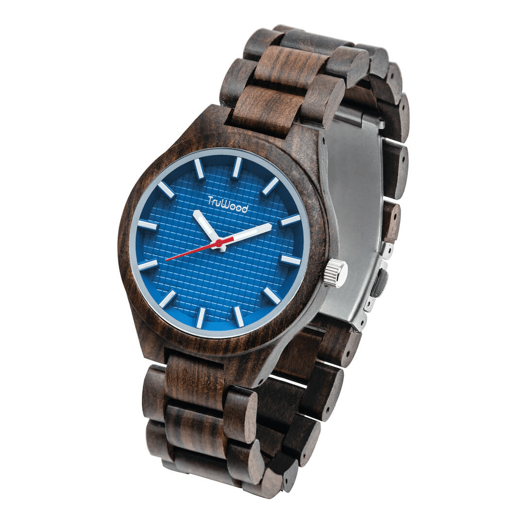 TruWood Navigator Wrist Watch featuring a black sandalwood case and blue square pattern dial, showcasing its elegant design.
