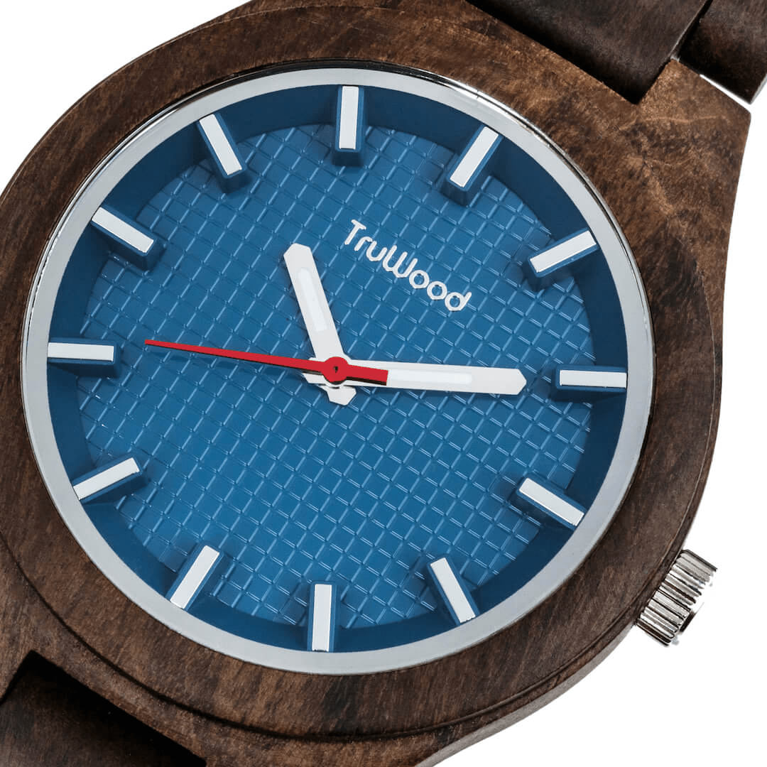TruWood Navigator Wrist Watch featuring a black sandalwood case and blue square pattern dial, showcasing its elegant design.