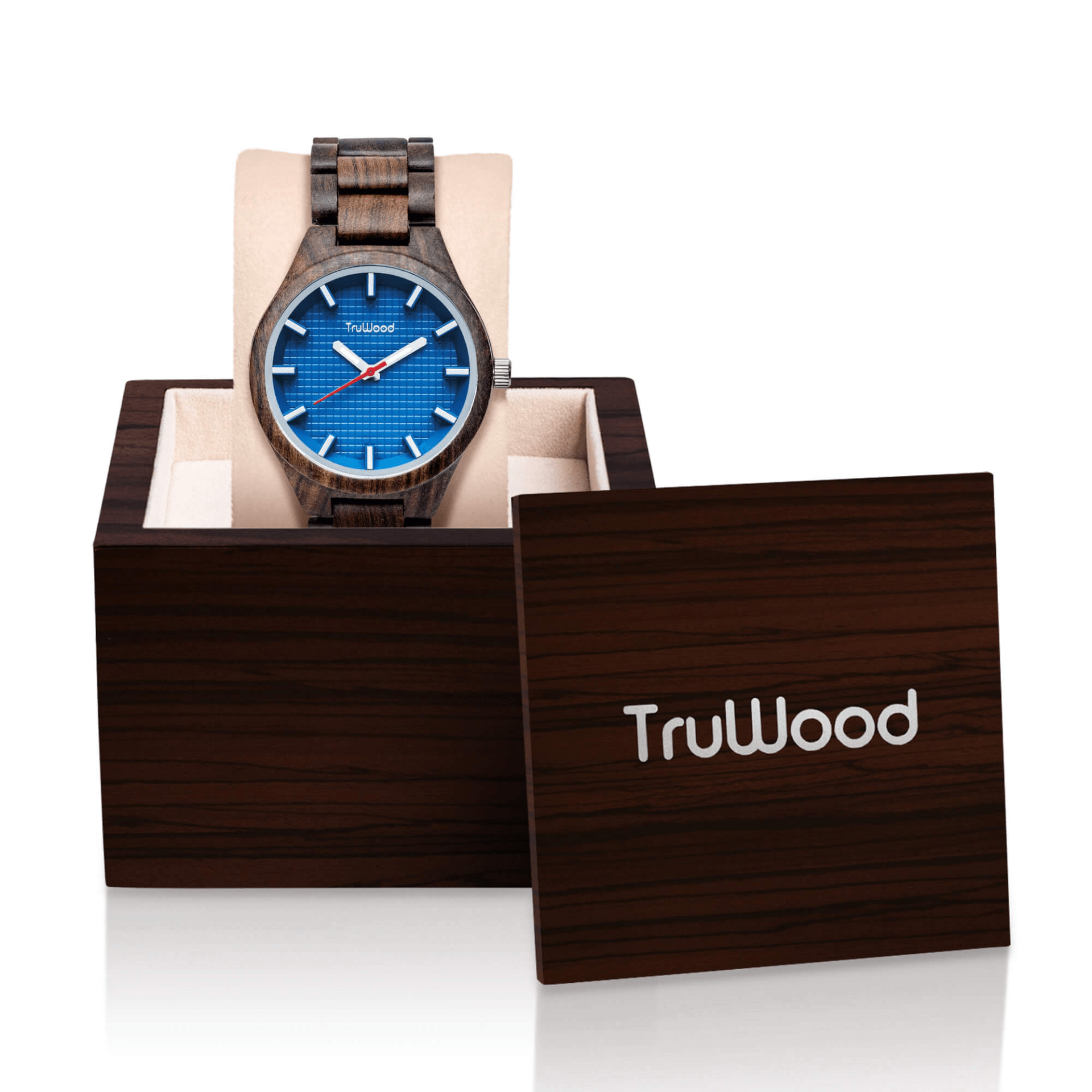 TruWood Navigator Wrist Watch featuring a black sandalwood case and blue square pattern dial, showcasing its elegant design.