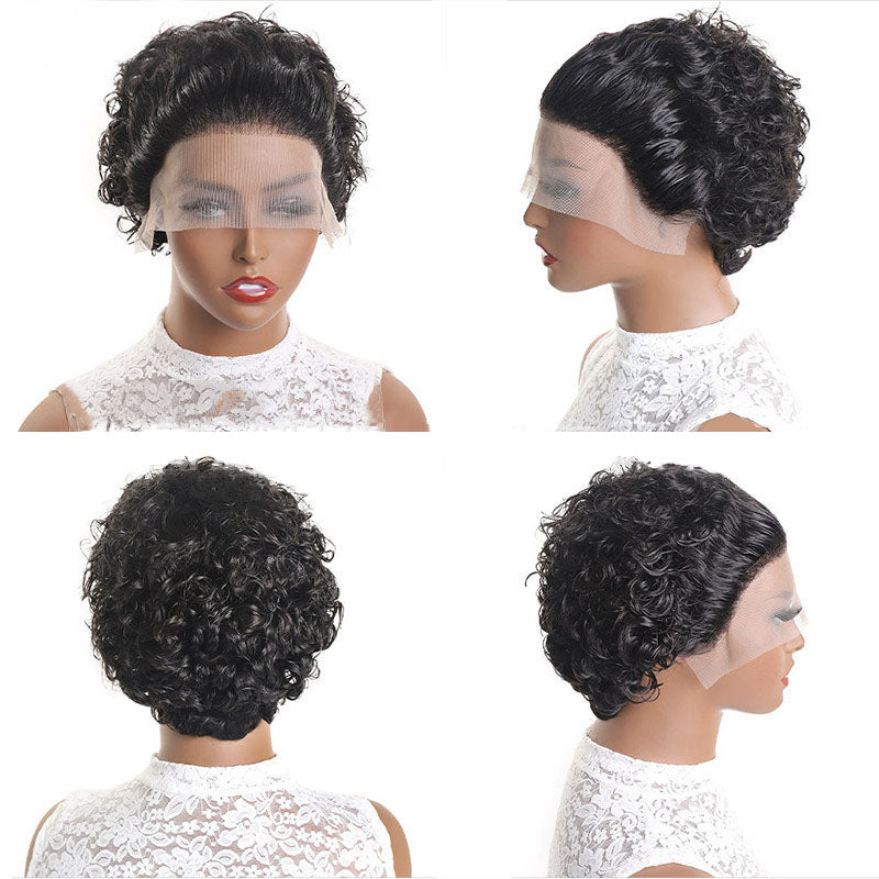New front lace headgear wig in a stylish short pixie cut made from real human hair, showcasing a natural look and comfortable fit.