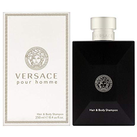 Versace New Homme Hair & Body Shampoo bottle with elegant design and luxurious branding.