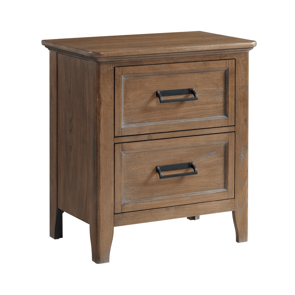 Nightstand with 2 drawers in Harvest Brown finish, featuring solid ash drawer fronts and brushed metal hardware.