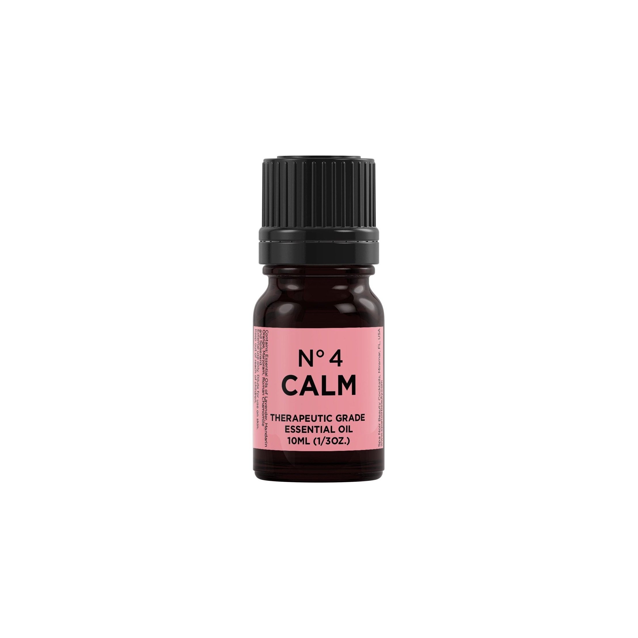 A 10 ml bottle of No. 4 Calm Essential Oil featuring a blend of Lavender, Mandarin Orange, Marjoram, Roman Chamomile, and Spikenard.