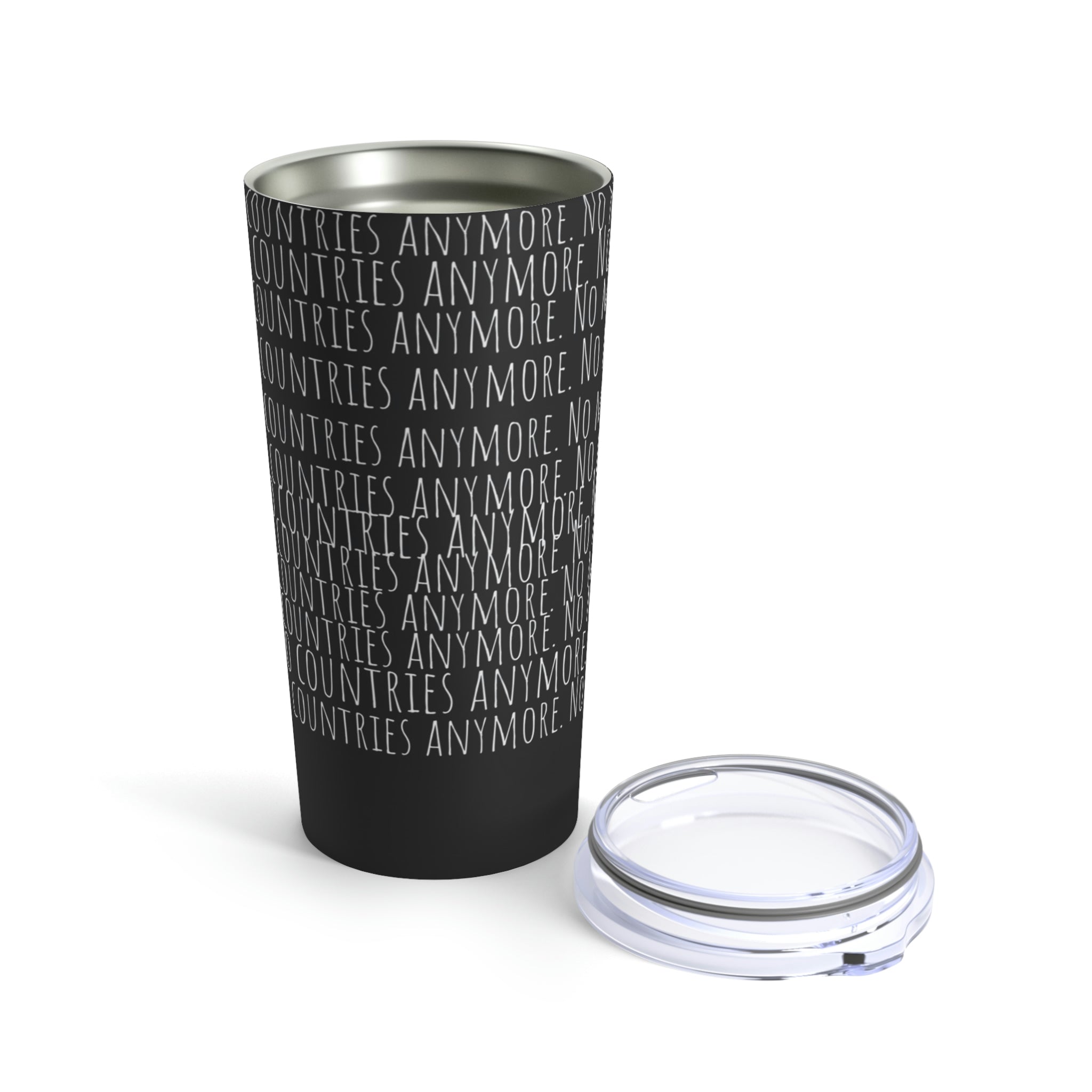 No Countries 20oz stainless steel tumbler with glossy finish and see-thru plastic lid.