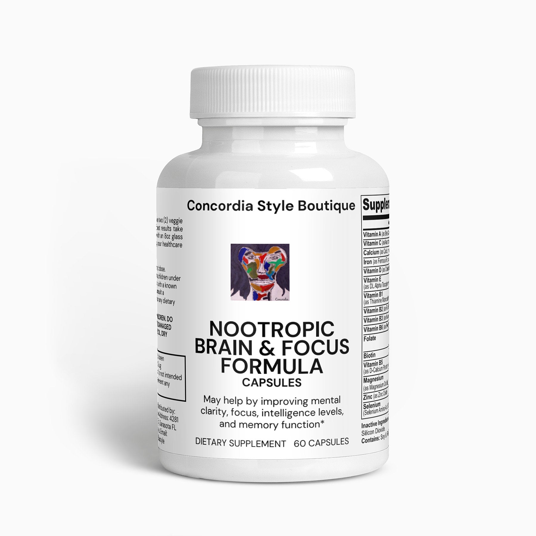 Nootropic Brain & Focus Formula capsules in a bottle, showcasing the natural ingredients for cognitive enhancement.