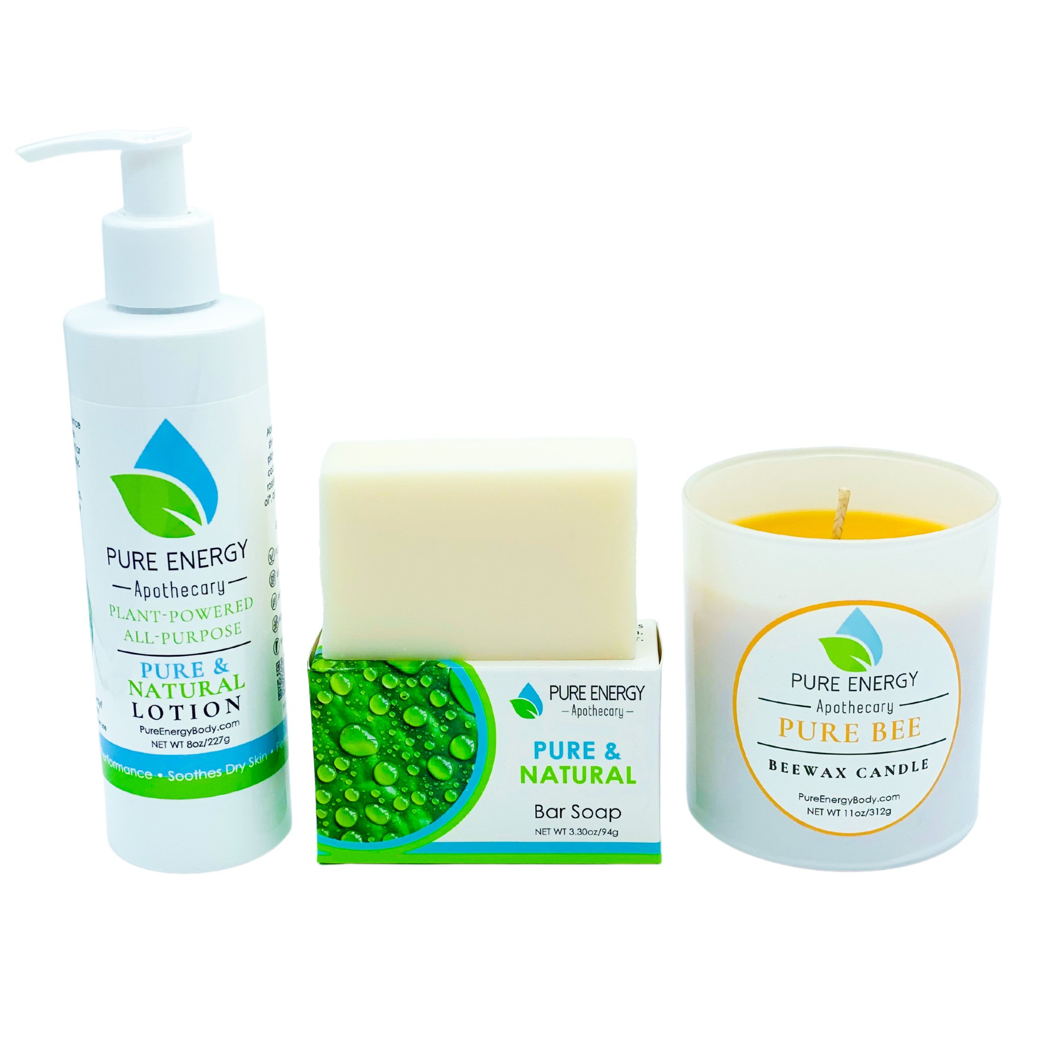 Nourishing Balance Bundle featuring natural lotion, soap, and beeswax candle, all in elegant packaging.