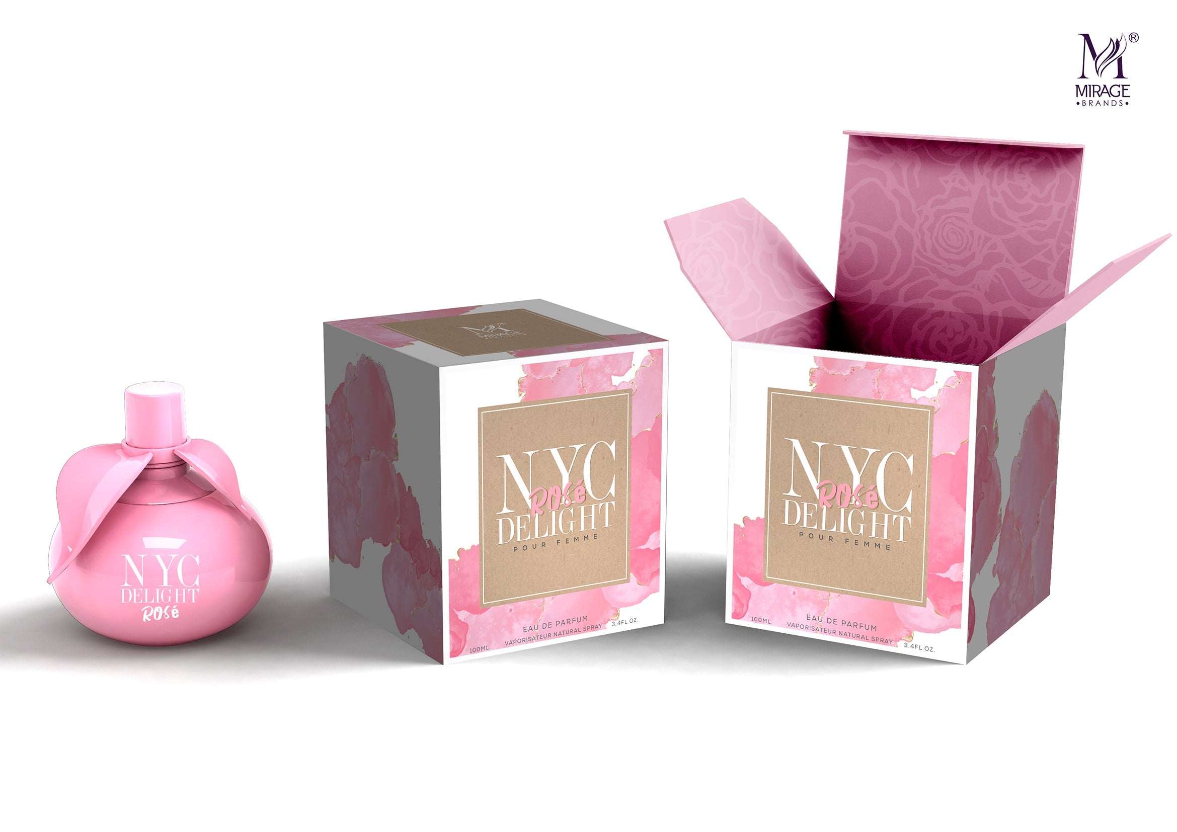 A stylish bottle of NYC Delight Rose Eau de Parfum for Women, featuring elegant floral design and 3.4oz capacity.