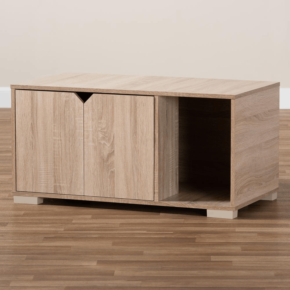 Oak Finished 2-Door Wood Cat Litter Box Cover House with sleek design and two doors for easy access.