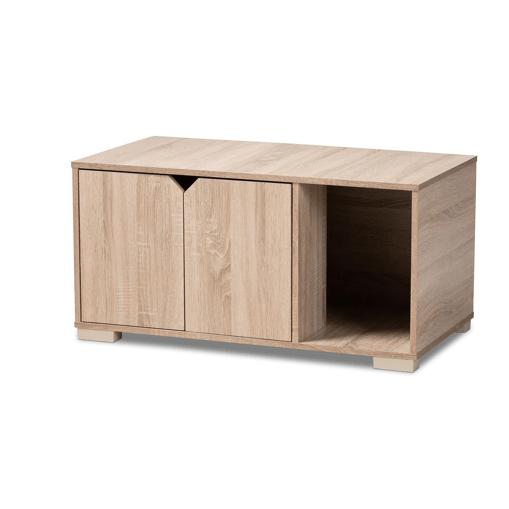 Oak Finished 2-Door Wood Cat Litter Box Cover House with sleek design and two doors for easy access.
