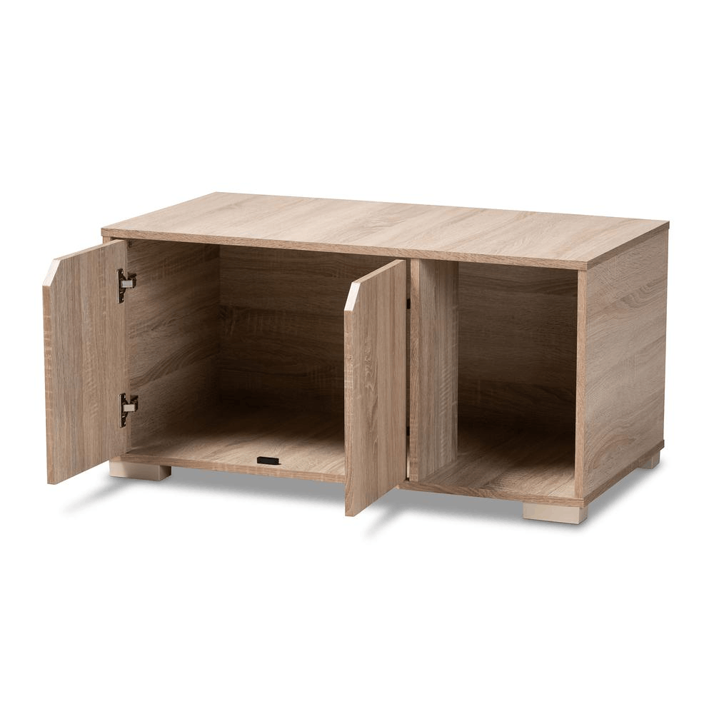 Oak Finished 2-Door Wood Cat Litter Box Cover House with sleek design and two doors for easy access.