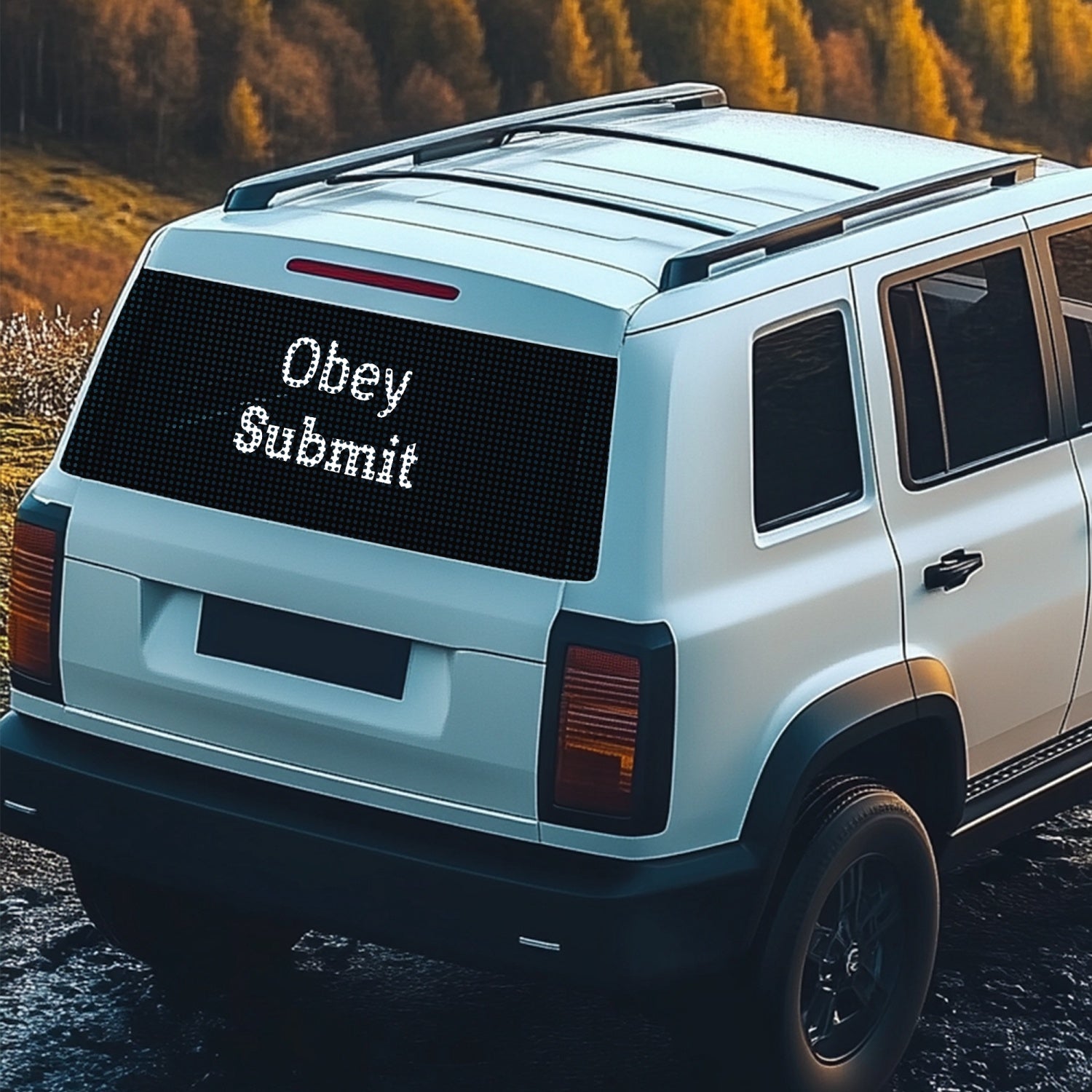 Obey and Submit Rear Window Decal showcasing one-way vision perforated vinyl design, ideal for vehicle privacy.