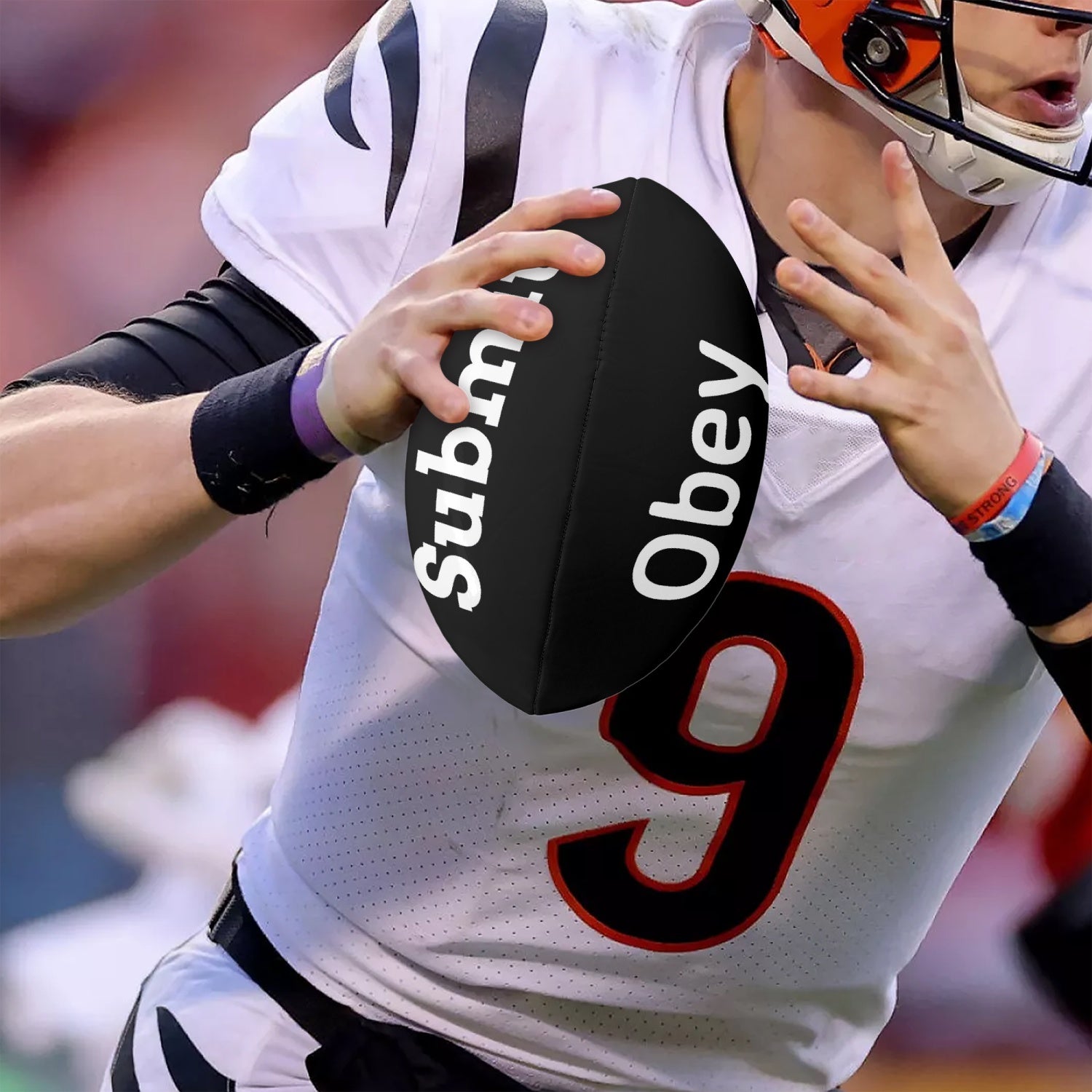 Obey and Submit Rugby Ball featuring a reflective PVC surface and delicate all-over printing design, ideal for training and games.