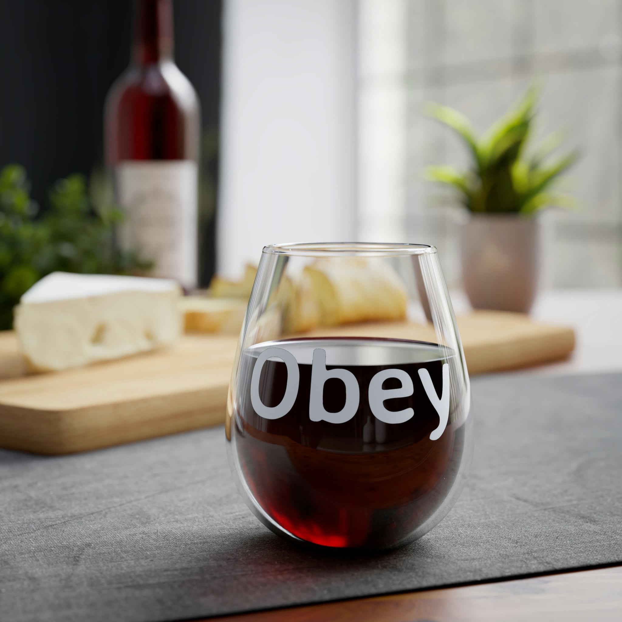 Obey Stemless Wine Glass, 11.75oz, featuring a glossy finish and elegant design, perfect for any occasion.