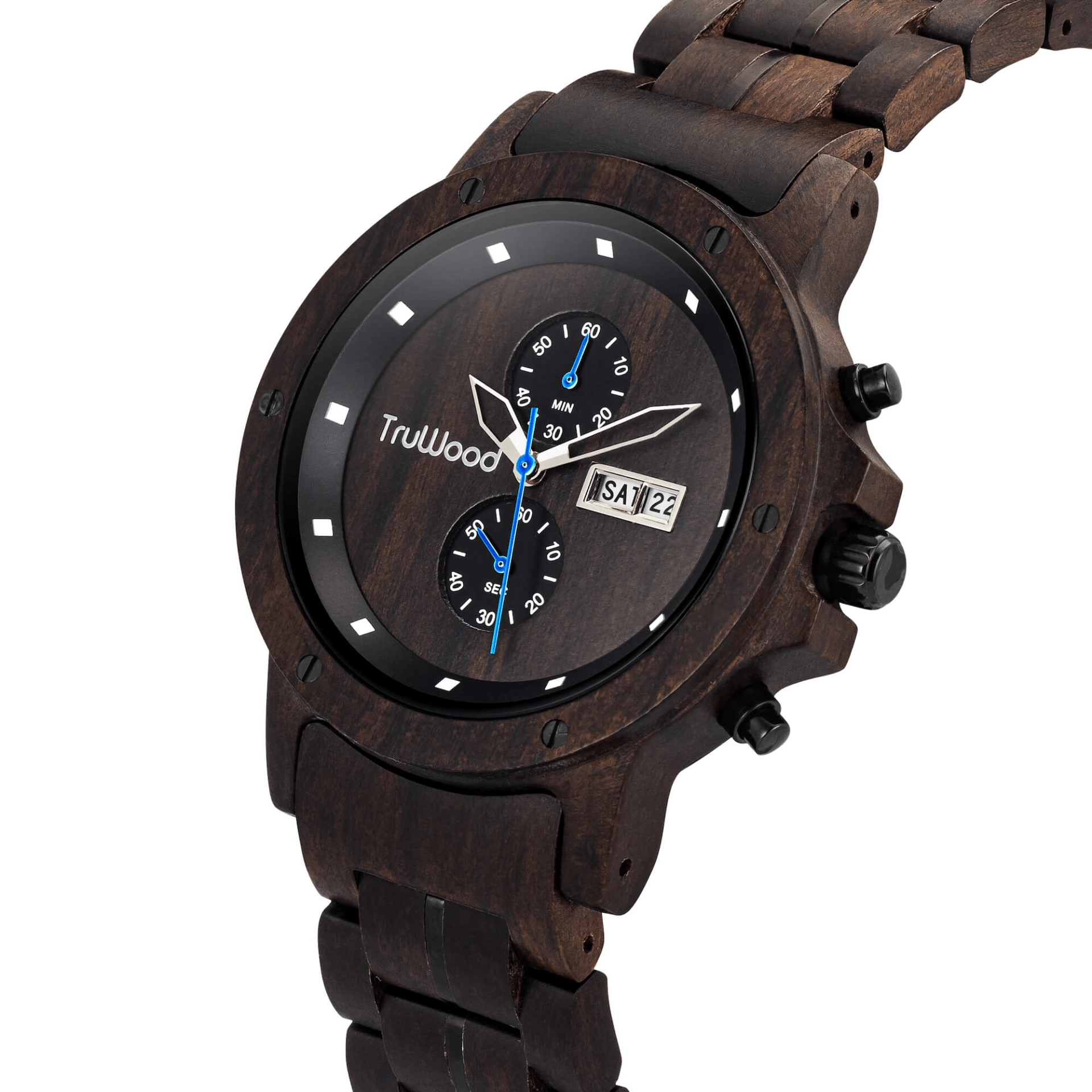 Obsidian Wrist Watch featuring a black sandalwood bezel and stainless steel band, showcasing its elegant design and craftsmanship.